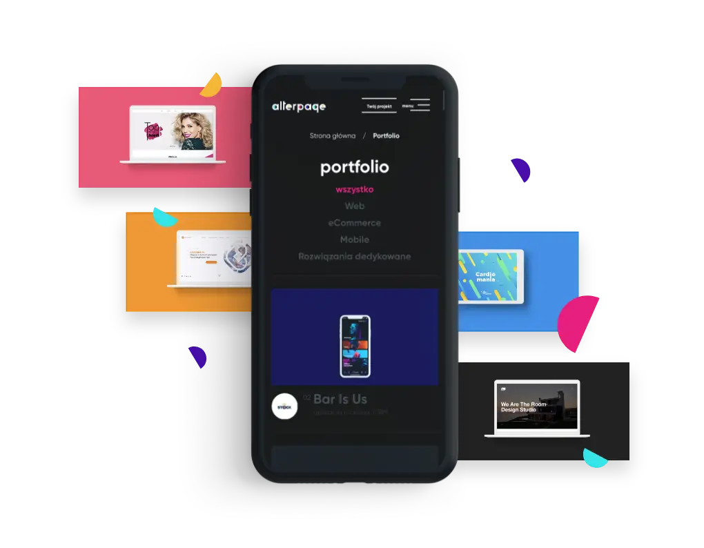 Smartfon z otwartą stroną portfolio Alterpage i miniatury projektów
