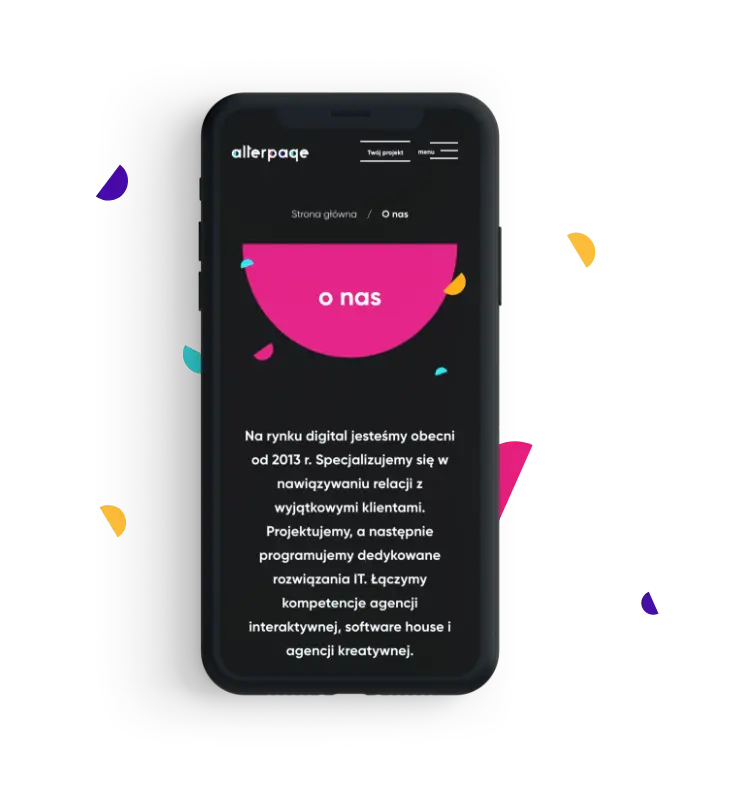 Smartfon z otwartą podstroną „O nas” serwisu Alterpage