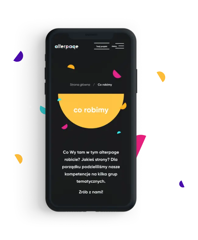 Smartfon z otwartą podstroną „Co robimy” serwisu Alterpage
